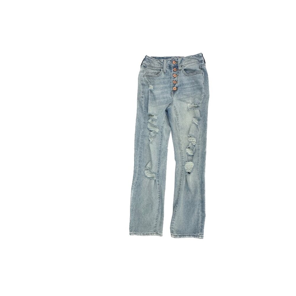 SO High Rise Straight Distressed Button Fly Women's size 0 Light Blue Denim jean